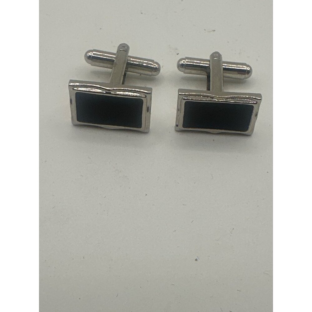 Silver Rectangle Cufflinks With Black Enamel Accents For Formal & Business Attir
